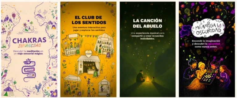 Placas de propuestas de Teatro Ciego para infancias y familias, con experiencias sensoriales como Chakras infancias, El club de los sentidos, La canción del abuelo y Mi amiga la oscuridad.