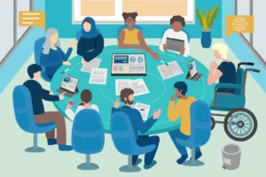 Ilustración de una reunión de trabajo con personas diversas alrededor de una mesa, en una nota sobre autocensura, inclusión y autenticidad en las organizaciones.
