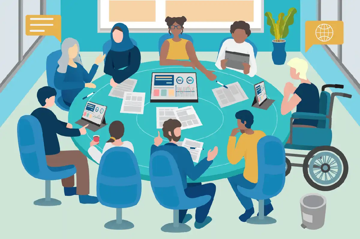 Ilustración de una reunión de trabajo con personas diversas alrededor de una mesa, en una nota sobre autocensura, inclusión y autenticidad en las organizaciones.