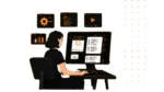 Ilustración de una mujer trabajando frente a una computadora con interfaces digitales, en una nota sobre Mujeres Programando Futuro, programación, inteligencia artificial y empleo tecnológico.