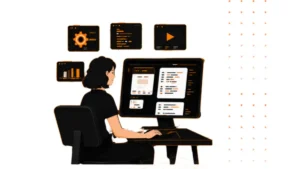 Ilustración de una mujer trabajando frente a una computadora con interfaces digitales, en una nota sobre Mujeres Programando Futuro, programación, inteligencia artificial y empleo tecnológico.