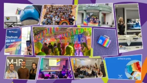 Collage editorial con imágenes de acciones de empresas por el Mes del Orgullo 2026, en una nota sobre inclusión LGBTIQ+ sostenida durante todo el año en organizaciones de distintos sectores.