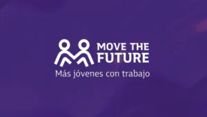 Placa de Move the Future con el lema “Más jóvenes con trabajo”, en una nota sobre una alianza regional para impulsar empleo joven frente a los desafíos de la inteligencia artificial.