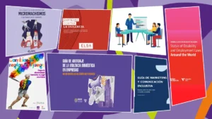 Collage de guías y recursos sobre diversidad e inclusión en organizaciones, con materiales sobre micromachismos, violencia, discapacidad, deporte diverso, accesibilidad y comunicación inclusiva.
