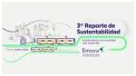 Gráfica del tercer Reporte de Sustentabilidad de Emova, período 01/2025–12/2025, con ilustraciones de trenes del Subte.