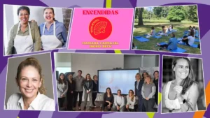 Collage sobre menopausia y trabajo con retratos de mujeres, una reunión grupal, una actividad al aire libre y la portada rosa del podcast Encendidas.