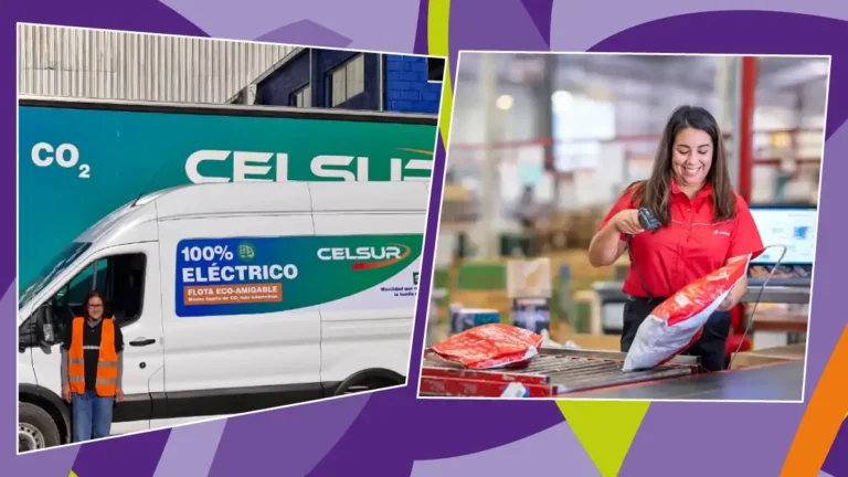 Collage con una trabajadora junto a un vehículo eléctrico de Celsur y una trabajadora de Andreani realizando tareas en una operación logística.