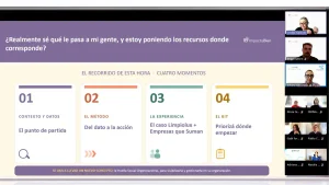 Captura de una masterclass online de ImpactaBien con una diapositiva sobre contexto, método, experiencia y herramientas, junto a participantes en videollamada.