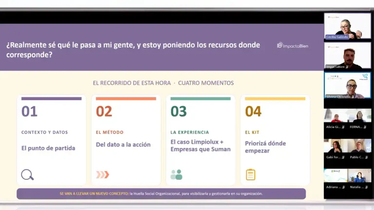 Captura de una masterclass online de ImpactaBien con una diapositiva sobre contexto, método, experiencia y herramientas, junto a participantes en videollamada.