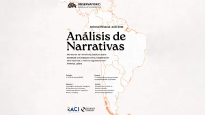 Portada del informe de julio de 2026 del Observatorio de Narrativas de la Sociedad Civil, con un mapa delineado de América Latina.