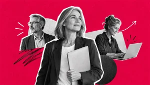 Collage editorial con tres profesionales adultos de distintas edades, una mujer con una computadora portátil y otra trabajando en una notebook, sobre un fondo fucsia. Imagen conceptual sobre empleo después de los 55 y diversidad generacional.